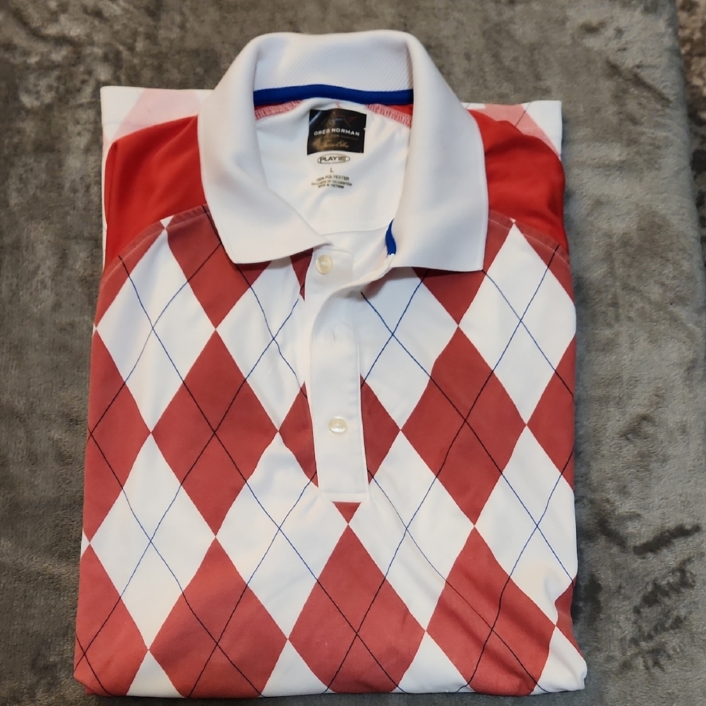 Greg Norman Collection Red and White Argyle Polo with Blue Accents